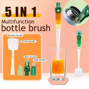 5-in-1 bottle and lid cleaning brush with detachable cleaning heads