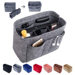Gray felt multi-pocket purse organizer insert with removable compartments