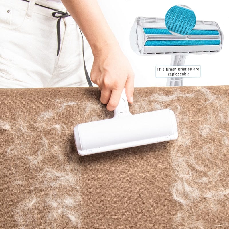 Reusable pet hair remover roller cleaning pet fur from a sofa