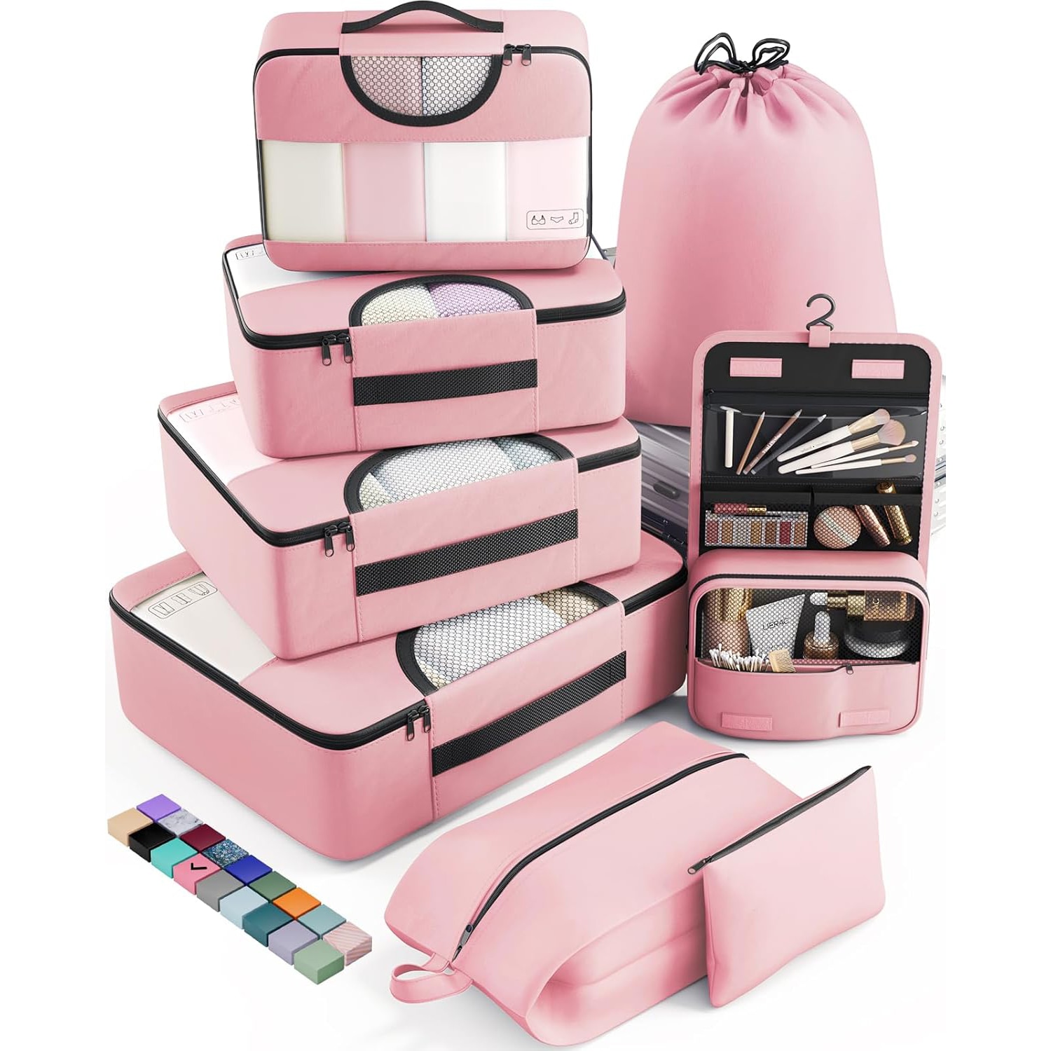 Travel packing cubes and luggage organizer set