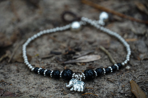 Boho Elephant Anklet – Black & Silver